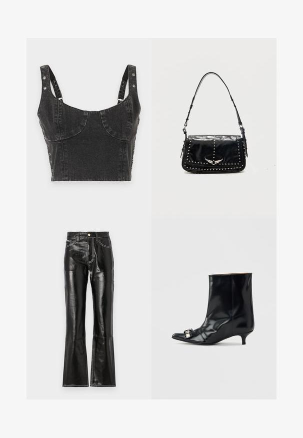 Ksubi DAUPHINE BUSTIER SHADOW - Débardeur - black; Pantalon noir taille haute évasé en matériau brillant avec des coutures blanches contrastantes et une fermeture éclair à l'avant. Comprend deux poches avant.; Bottine en cuir noir avec bout pointu, petit talon kitten bas et boucle décorative en argent sur le côté près de l'orteil.; Sac à épaule en cuir noir avec des clous argentés et un emblème métallique ailé sur le rabat avant sur fond uni.