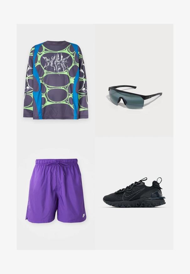 Camisa de manga larga hecha de tela suave, con base gris oscuro, patrones verdes tipo burbuja y acentos azules. En el frente tiene un gráfico estilizado en blanco.; Bañador morado con cintura elástica y cordón. Presenta aberturas laterales y un pequeño logo blanco en el dobladillo inferior. Textura suave.; Zapato deportivo negro con una parte superior de malla transpirable, acentos texturizados y una suela de goma ondulada. Presenta un logotipo reflectante y un sistema de cordones.; Gafas de sol deportivas con un marco negro, grandes lentes grises y un diseño envolvente. Presenta un puente nasal prominente y patillas texturizadas.
