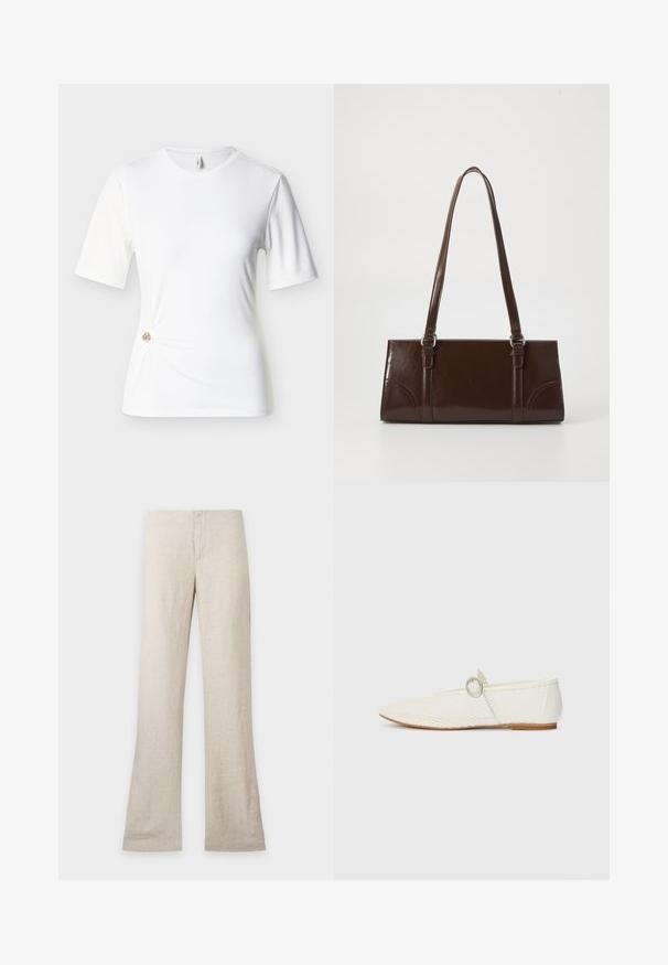 Hvid kortærmet tætsiddende t-shirt med rund halsudskæring og en lille dekorativ gylden ring, der samler stoffet på nederste venstre side.; Beige hørbukser med lige ben og skjult frontlukning, vist fladt på en ensfarvet lys baggrund. Ingen synlige lommer eller detaljer.; Hvide syntetiske flade sko med mesh-struktur, spidse tå og en sidesnor med en rund detalje. Lav hæl og fleksibel sål.; Brun lakeret håndtaske med rektangulær form, to lange håndtag og subtile buede detaljer på fronten.