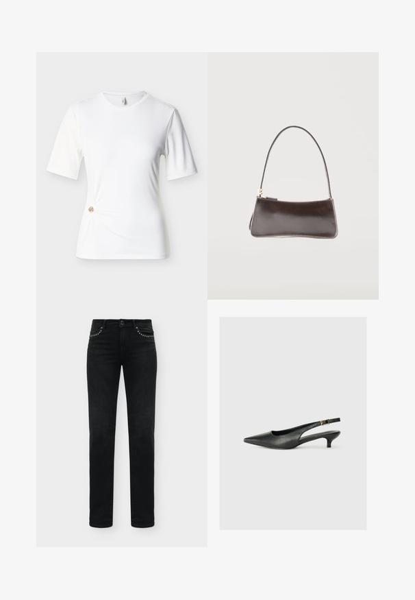 Witte, nauwsluitende T-shirt met korte mouwen en ronde halslijn, voorzien van een kleine decoratieve gouden ring die de stof aan de linkeronderkant samenbrengt.; Zwarte slim-fit jeans met studs op de voorzakken en klassieke vijf-zakken stijl.; Zwarte puntschoen met slingback van soepel leer. Kenmerkt zich door een dunne hak en een gespdetail op de verstelbare band.; Kleine rechthoekige donkerbruine leren handtas met een enkele riem en een goudkleurige ritssluiting.