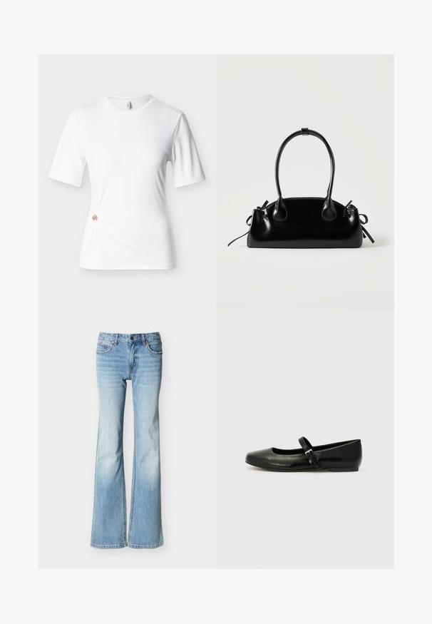 T-shirt blanc à manches courtes et coupe ajustée avec encolure ronde et un petit anneau doré décoratif réunissant le tissu sur le bas gauche.; Jean denim bleu clair taille haute avec jambes évasées, poches avant et fermeture à bouton et fermeture éclair, présenté sur un fond blanc.; Ballerines en cuir noir avec un bout arrondi, une semelle plate et une fine sangle ajustable sur le cou-de-pied avec une boucle en métal.; Petit sac à main noir brillant avec deux longues anses et des détails à cordon sur les côtés sur un fond clair uni.
