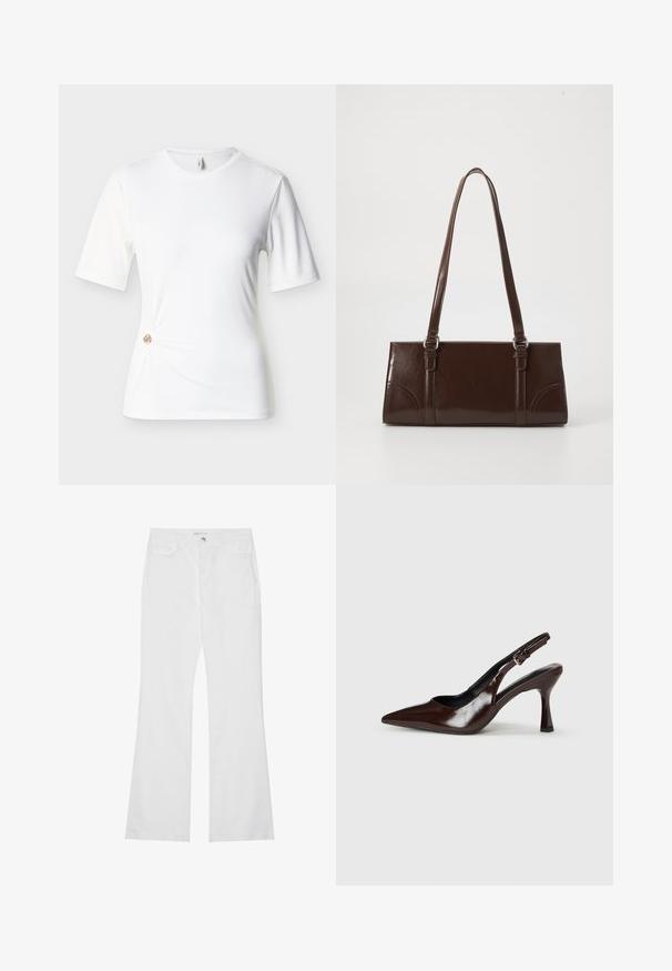 Hvid kortærmet tætsiddende t-shirt med rund halsudskæring og en lille dekorativ gylden ring, der samler stoffet på nederste venstre side.; Hvide brede jeans i bomuldsdenim, med to forlommer, lynlås og en metalknap. Glat tekstur med minimal detaljer.; Brune patenterede læderslingback-sandaletter med spids tå, en tynd hæl og justerbar rem med en lille spænde.; Brun lakeret håndtaske med rektangulær form, to lange håndtag og subtile buede detaljer på fronten.