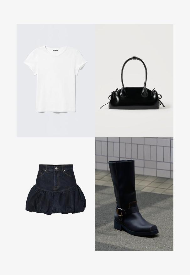 Schlichtes weißes T-Shirt mit kurzen Ärmeln und V-Ausschnitt, mit einem kleinen "WEEKDAY"-Etikett innen am Kragen, auf einem hellgrauen Hintergrund dargestellt.; Dunkelblaue Jeansrock mit einer taillierten Taille und einem gerafften, puffigen Rüschensaum. Verfügt über Fronttaschen und einen metallischen Knopfverschluss.; Schwarzer Lederstiefel bis zur Mitte der Wade mit niedrigem Absatz und dekorativem Riemen mit Metallschnalle, stehend auf einer grau gepflasterten Oberfläche nahe einer gefliesten Wand.; Kleine schwarze glänzende Handtasche mit zwei langen Griffen und seitlichen Kordelzug-Details vor einfachem hellem Hintergrund.