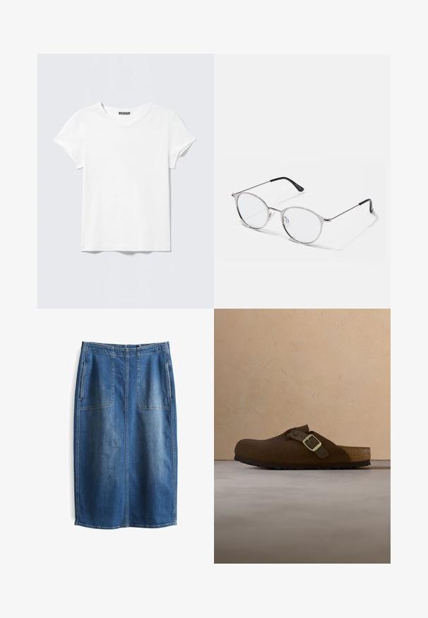 T-shirt blanc uni à manches courtes avec col en V et une petite étiquette "WEEKDAY" à l'intérieur du col, présenté sur un fond gris clair.; Jupe en denim avec une silhouette droite, présentant un délavage bleu moyen, deux grandes poches avant et des coutures visibles le long des coutures.; Chaussure à enfiler en daim marron avec une sangle tressée et une boucle métallique, dotée d'une semelle intérieure moulée et d'une semelle extérieure en caoutchouc texturée.; Lunettes en métal argenté avec des verres ronds et une fine monture. Les embouts de branches noirs offrent un contraste. Plaquettes de nez ajustables incluses.