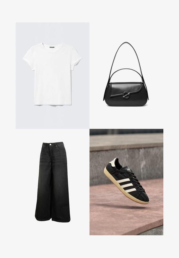 Enkelt hvid T-shirt med korte ærmer og V-hals, med et lille "WEEKDAY" mærke indeni kraven, vist mod en lysegrå baggrund.; Sorte bredbenede denimjeans med høj talje, frontknap, lommer og subtilt logo på frontlommen.; Sort Adidas sneaker med hvide striber og beige sål, fanget i luften over en stenet overflade og baggrund af en stenmur.; Sort skuldertaske i læder med en buet klap, der er fastgjort med en rund metal spænde, og en slank, justerbar rem.