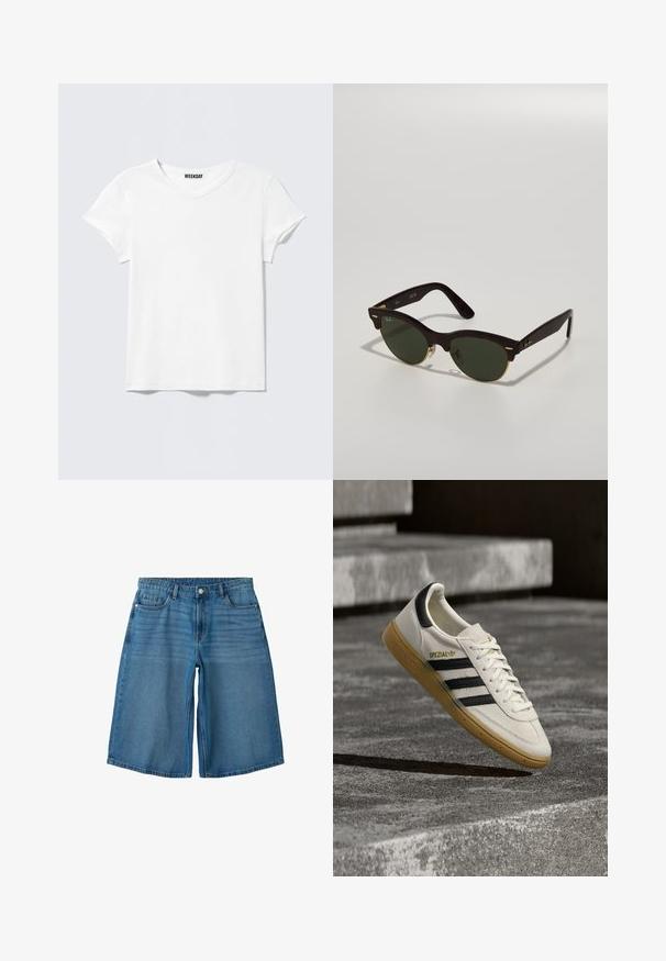 Enkelt hvitt kortermet V-hals T-skjorte med en liten "WEEKDAY"-etikett inni kragen, vist på en lys grå bakgrunn.; Blå denim shorts til knærne med knapp og glidelåslukking, frontlommer, myntlomme og beltehemper.; Hvit Adidas Spezial-sneaker med svarte striper og gummisåle som svever over grå steintrapper utendørs.; Skilpaddeskallsolbriller med grønne linser, vintageform, tynne gullakenter og et elegant rammedesign.