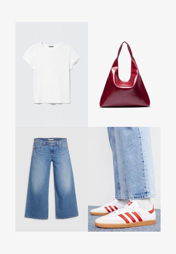 Enkelt hvid T-shirt med korte ærmer og V-hals, med et lille "WEEKDAY" mærke indeni kraven, vist mod en lysegrå baggrund.; Lysblå vidde jeans lavet af denim, med høj talje, klassisk fem-lomme design og subtile falmning langs benene.; Hvide lædersneakers med røde striber og accenter. Har en tekstureret gummisål og polstret krave. Bæres med lyseblå denim.; Rød blank lædertaske med en trekantet form, bred åbning foroven og et enkelt buet håndtag. Glat tekstur med minimale sømdetaljer.