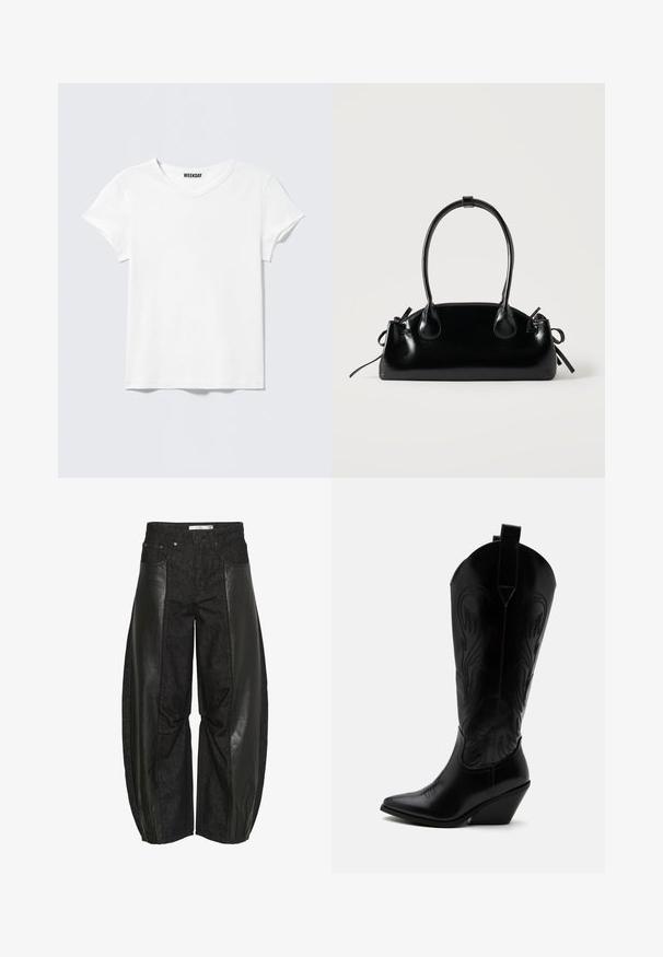 Effen wit T-shirt met korte mouwen en V-hals, met een klein "WEEKDAY" label aan de binnenkant van de kraag, getoond op een lichtgrijze achtergrond.; Zwarte broek met een mix van denim- en leren panelen. Het ontwerp heeft een wijde pijp met variaties in textuur, wat zorgt voor een duidelijk visueel contrast.; Zwarte leren cowboylaars met puntige neus, schuine blokhak, decoratieve stiksels en aantreklusjes bovenaan tegen een witte achtergrond.; Kleine zwarte glanzende handtas met twee lange hengsels en zijkant trekkoord details op een effen lichte achtergrond.