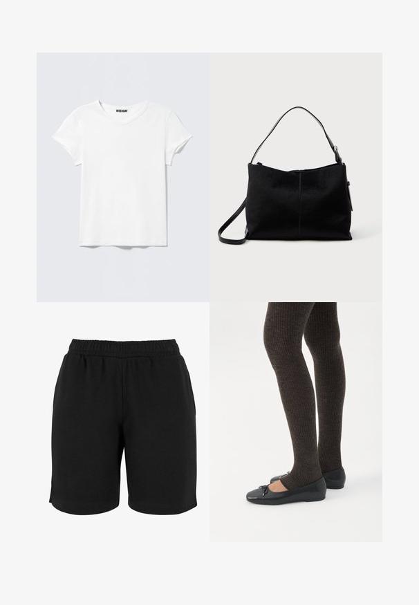 Camiseta blanca lisa de manga corta y cuello en V, con una pequeña etiqueta "WEEKDAY" en el interior del cuello, mostrada sobre un fondo gris claro.; Pantalones cortos de algodón negros con una cinturilla elástica, que presentan una textura suave y un corte sencillo. No hay bolsillos ni adornos visibles.; Piernas con leggings oscuros acanalados combinados con bailarinas negras que presentan pequeños detalles de lazo sobre un fondo blanco.; Bolso negro de hombro con una superficie lisa y texturizada, con una única correa y un cierre de cremallera en la parte superior. Forma rectangular compacta.