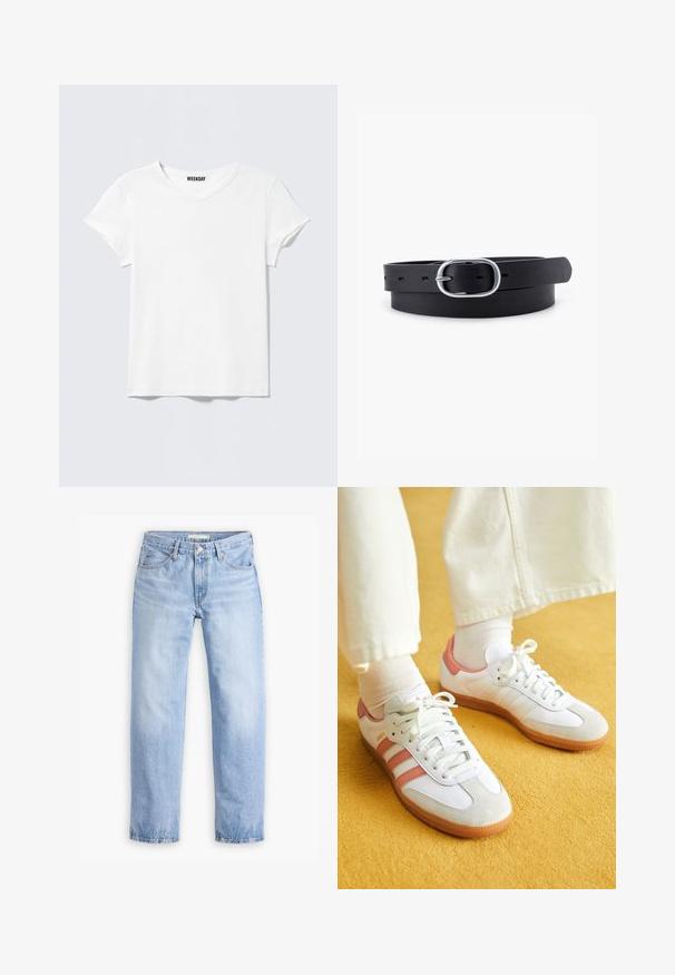 Enkelt hvid T-shirt med korte ærmer og V-hals, med et lille "WEEKDAY" mærke indeni kraven, vist mod en lysegrå baggrund.; Lyseblå denimjeans med en lige ben-design, fem lommer og en mellemhøj talje. Har en falmet struktur og håndsyet kant.; Hvide sportsko med lyserøde accenter, lavet af ruskind og læder, rund tå og gummisål, vist med lyse sokker på en gul baggrund.; Sort læderbælte med en glat overflade, oval sølvmetalspænde og flere justeringshuller langs stroppen. Flad, minimalistisk design.