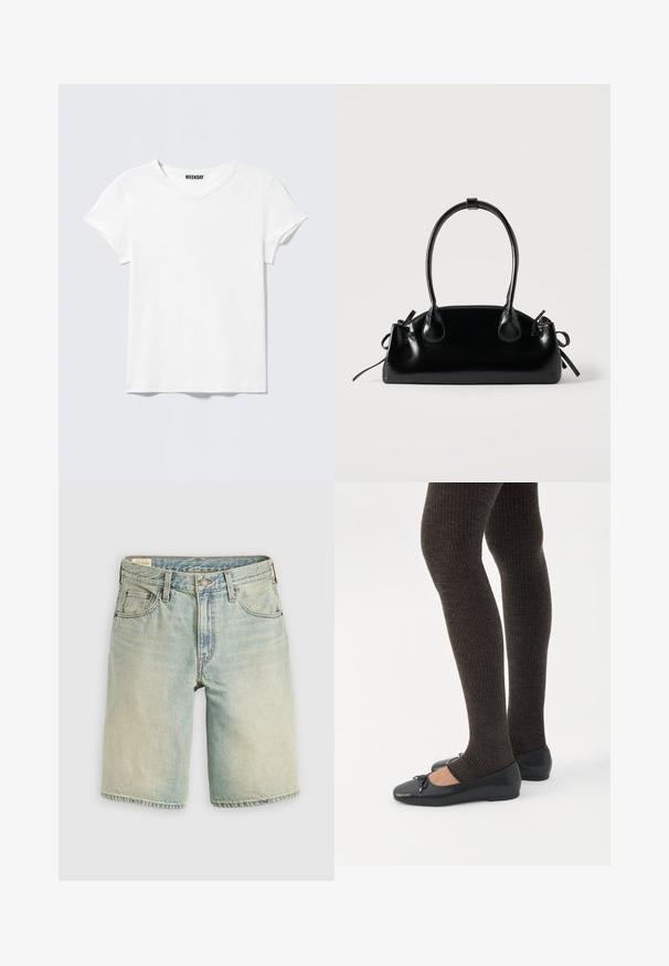 T-shirt blanc uni à manches courtes avec col en V et une petite étiquette "WEEKDAY" à l'intérieur du col, présenté sur un fond gris clair.; Shorts en denim bleu clair avec une coupe décontractée, cinq poches, fermeture à boutons sur le devant, et ourlet net. Texture usée avec un effet de décoloration subtil.; Jambes portant des leggings côtelés foncés associés à des ballerines noires avec de petits détails en nœud sur fond blanc.; Petit sac à main noir brillant avec deux longues anses et des détails à cordon sur les côtés sur un fond clair uni.