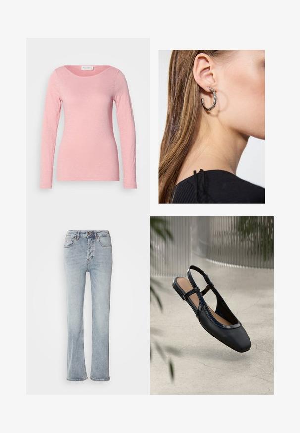 T-shirt à manches longues, col rond, en rose clair, fabriqué en tissu léger et texturé. Fini doux avec un ajustement décontracté et sans embellissements visibles.; Jeans en denim bleu clair avec une taille haute, une coupe droite et une légère évasement à l'ourlet. Dotés de surpiqûres décoratives et d'une fermeture éclair.; Chaussure plate slingback en cuir noir avec un orteil carré, dotée d'un fini verni brillant et de sangles ajustables pour un maintien sécurisé.; Boucle d'oreille en argent avec une finition polie, présentant de petits détails en or et de forme ronde, portée sur le lobe.
