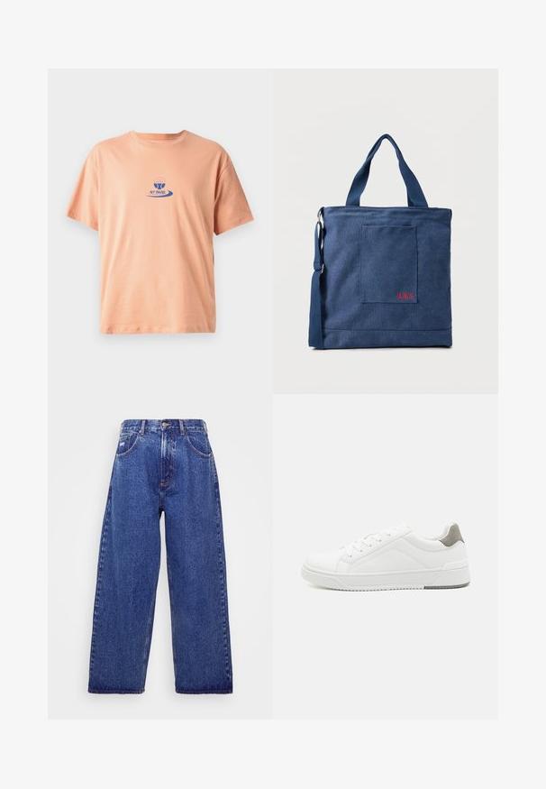 T-shirt en coton de couleur pêche avec des manches courtes, un col rond, et un logo imprimé bleu avec un design de pagaie et le texte "NY PADEL."; Jean en denim bleu à larges jambes et taille haute, avec cinq poches, une fermeture à bouton et un léger délavage pour une texture.; Basket blanche en cuir lisse, à bout arrondi, design minimaliste, accent de talon gris et semelle en caoutchouc texturé.; Sac fourre-tout en toile bleue avec poche frontale et broderie rouge "O.N.S", doté de doubles poignées et d'une bandoulière réglable.