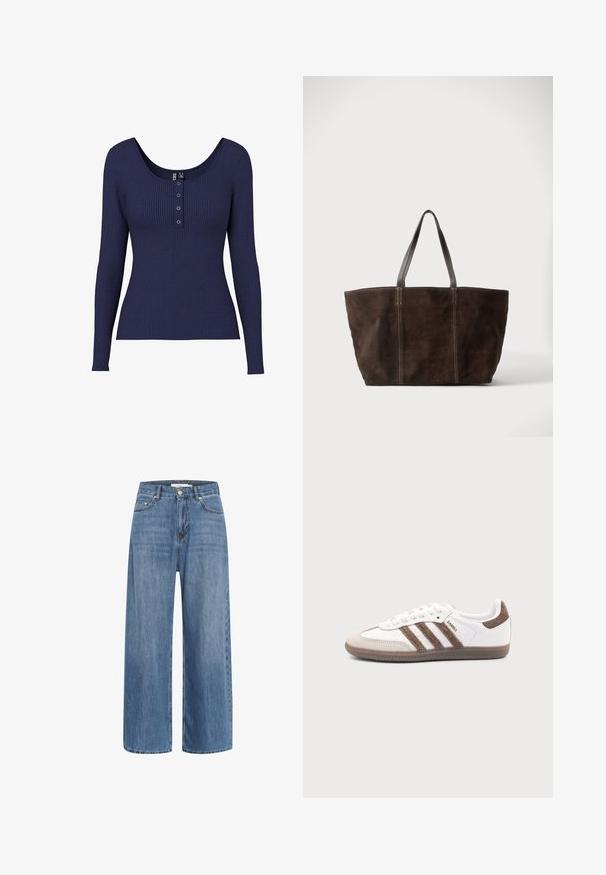 Marineblå ribbet langærmet top med en rund halsudskæring og en knapstolpe med tre metalliske knapper i midten.; Blå denim bredbenede jeans med høj talje, to forlommer og subtil trækfarve. Har kontrastsyning og en klassisk knaplukning.; Hvid Adidas Samba sneaker med brune ruskindstriber, brun gummisål og beige ruskindståhætte, vist fra ydersiden på en ensfarvet baggrund.; Mørkebrun ruskindstaske med to sorte læderhåndtag og lodrette syninger, vist mod en enkel lys baggrund.