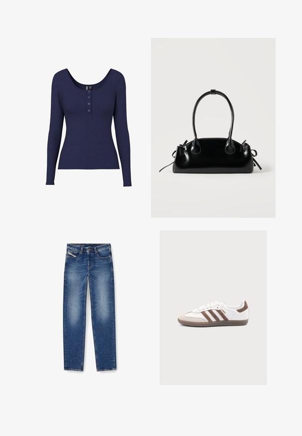 Marineblå ribbet langærmet top med en rund halsudskæring og en knapstolpe med tre metalliske knapper i midten.; Denim jeans i medium blåt med en falmet finish. Har fem lommer, bæltestropper og lige ben. Syningerne er synlige.; Hvid Adidas Samba sneaker med brune ruskindstriber og hælflap, beige tåhætte og gummisål på ensfarvet baggrund.; Lille sort blank håndtaske med to lange håndtag og snøre-detaljer i siden på en ensfarvet lys baggrund.