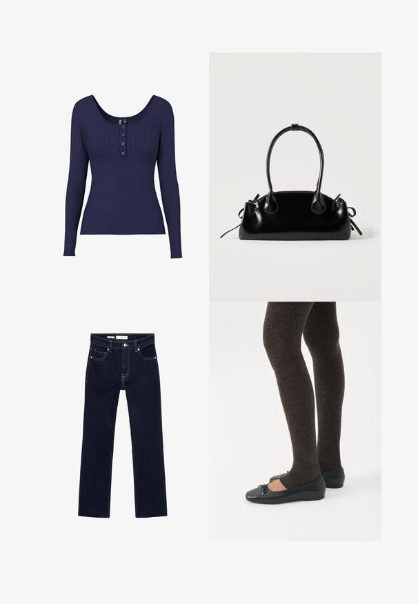 Marineblå ribbet langærmet top med en rund halsudskæring og en knapstolpe med tre metalliske knapper i midten.; Mørkeblå denim jeans med lige ben design, der har orange syninger, fem lommer og en metal knaplukning i livet.; Ben iført mørke ribbede leggings kombineret med sorte balletsko med små sløjfedetaljer på hvid baggrund.; Lille sort blank håndtaske med to lange håndtag og snøre-detaljer i siden på en ensfarvet lys baggrund.