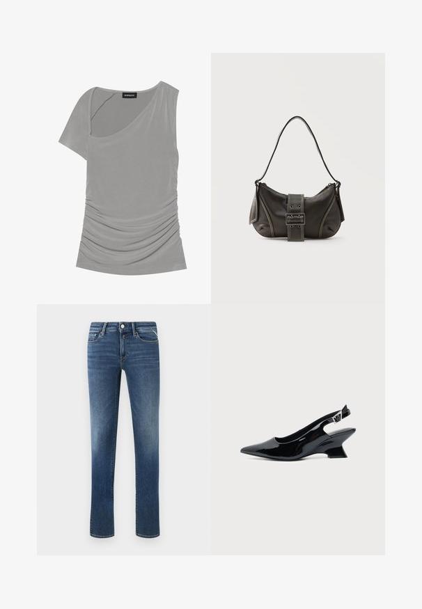 Grå kortærmet top med asymmetrisk design, samlet tekstur på siden og rund halsudskæring. Fremstillet af blødt, strækbart materiale.; Mørkeblå denim jeans med lige ben, mid-rise talje, forlommer og klassisk syning. Har en metalknap og lynlåslukning.; Sort laklæder slingback sko med spids tå og lav vinklet blokhæl på ensartet lys baggrund.; Sort læder skuldertaske med spænde på remmen, afrundede kanter og kontrasterende hvide syninger på en ensfarvet baggrund.