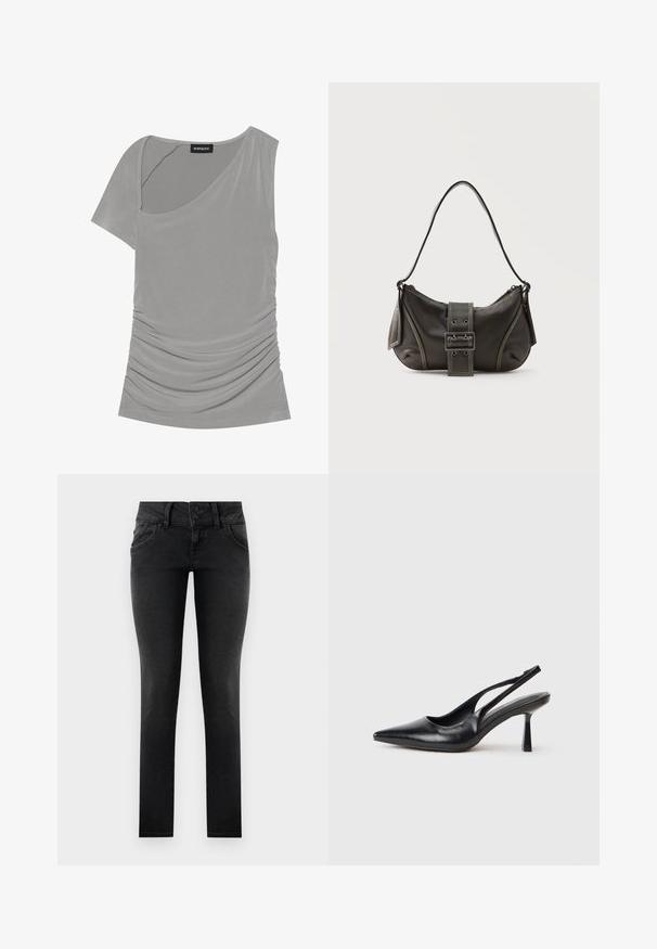 Grå kortærmet top med asymmetrisk design, samlet tekstur på siden og rund halsudskæring. Fremstillet af blødt, strækbart materiale.; Sorte denim skinny jeans med en to-knaps talje, frontlommer og en glat, tekstureret overflade. Standard snit, hel længde design.; Sort læderslagback højhælet sko med spids tå og slank hæl på en hvid baggrund.; Sort læder skuldertaske med spænde på remmen, afrundede kanter og kontrasterende hvide syninger på en ensfarvet baggrund.
