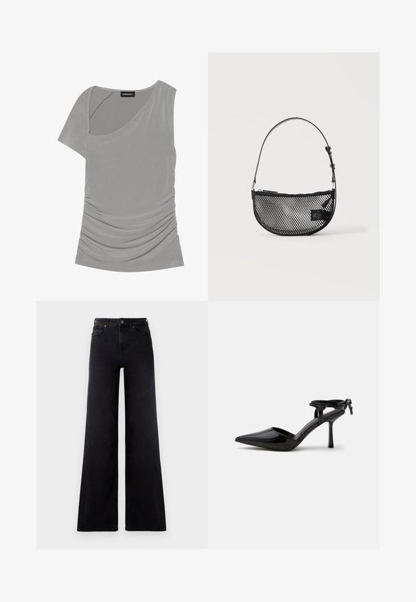 Grå kortærmet top med asymmetrisk design, samlet tekstur på siden og rund halsudskæring. Fremstillet af blødt, strækbart materiale.; Højtaljede sorte wide-leg jeans med frontlommer, bælteløkker og knappelukning.; Sort laklæder højhælet sko med spids tå og ankrem bundet i en knude bagpå, vist på en ensartet hvid baggrund.; Sort mesh halvmåne håndtaske med en kort justerbar læderrem og lynlåslukning på en ensartet lys baggrund.