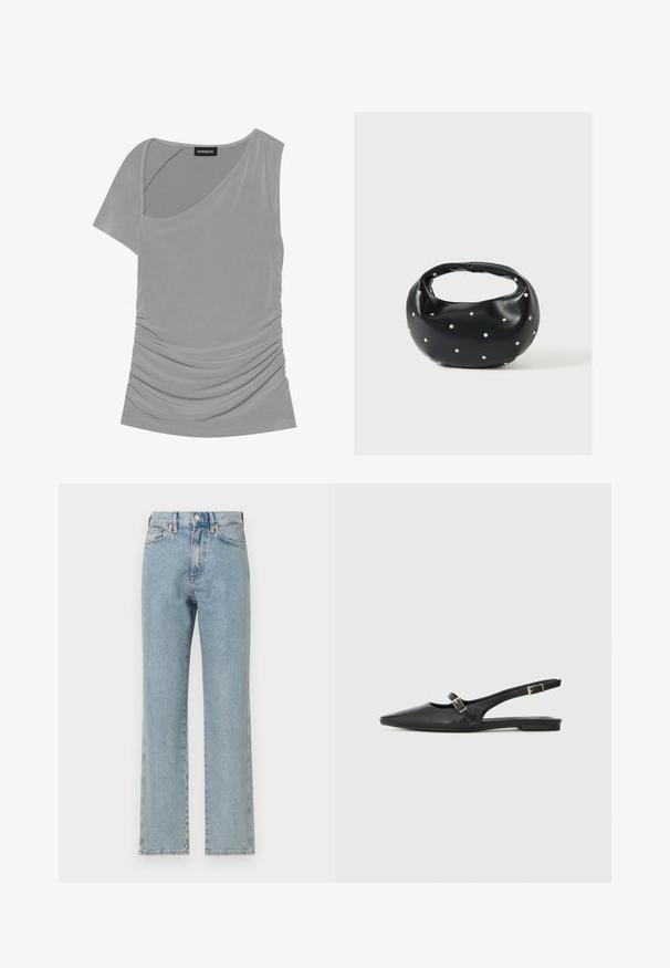 Top gris de manga corta con diseño asimétrico, textura fruncida en el costado y cuello redondo. Hecho de material suave y elástico.; Jeans de mezclilla azul claro con diseño de pierna recta, cinco bolsillos, cierre de botón y textura sutil. Sin desgastes ni patrones visibles.; Zapatos slingback de cuero negro con punta afilada, que cuentan con una correa estrecha y un detalle de hebilla plateada en el lateral. Suela plana.; Bolso de mano de cuero negro con forma redondeada, decorado con detalles de tachuelas plateadas y un asa corta. Textura lisa y cierre con cremallera.