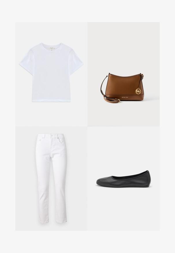 Hvid cropped t-shirt lavet af blødt bomuld, med rund hals og korte ærmer og en let løs pasform. Ingen mønstre eller accenter.; Hvide denimjeans med lige ben, fem-lomme design og metalknaplukning, der har en glat tekstur og minimal syning.; Sort læderballetsko med rund tå, glat tekstur, minimal syning og et fleksibelt såldesign.; Brun læder skuldertaske fra Michael Kors med justerbar rem og gyldent MK-logo vedhæng på ensfarvet baggrund.