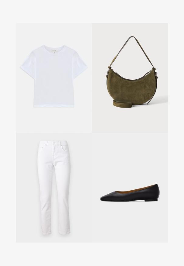 Hvid cropped t-shirt lavet af blødt bomuld, med rund hals og korte ærmer og en let løs pasform. Ingen mønstre eller accenter.; Hvide denimjeans med lige ben, fem-lomme design og metalknaplukning, der har en glat tekstur og minimal syning.; Sort læder flad sko med spids tå, lav hæl og glat finish, vist fra siden på en lysegrå baggrund.; Oliven/grøn ruskindshåndtaske i halvmåneform med kort skulderrem og yderligere justerbar lang rem, lynlås lukning øverst.