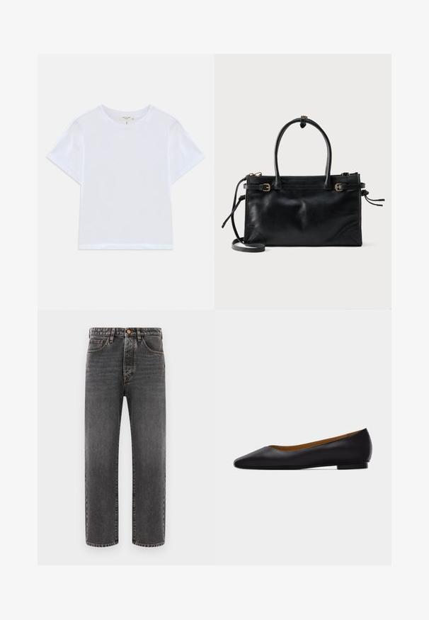 Witte cropped t-shirt van zacht katoen, met een ronde hals en korte mouwen in een iets ontspannen pasvorm. Geen patronen of accenten.; Donkergrijze jeans van denim, met een rechte pijp, vijf zakken en zichtbare stiksels. Knopenfly sluiting bij de taille.; Zwarte leren puntschoen met lage hak en gladde afwerking, zijaanzicht op een lichtgrijze achtergrond.; Zwarte leren handtas met twee bovenhandvatten, verstelbare riemsluitingen aan de zijkant en een afneembare schouderriem tegen een witte achtergrond.