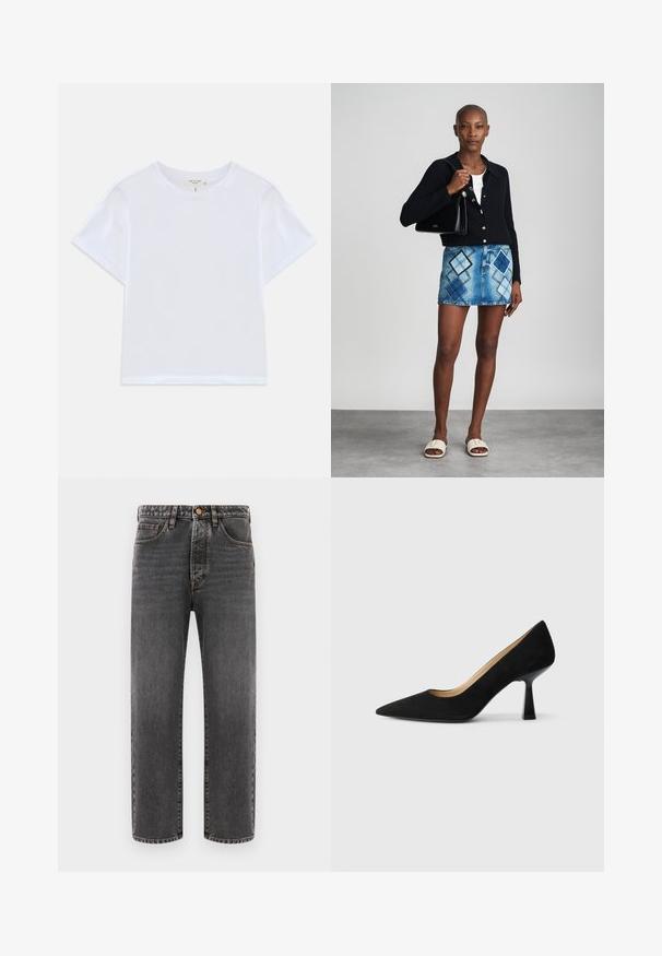 Hvid cropped t-shirt lavet af blødt bomuld, med rund hals og korte ærmer og en let løs pasform. Ingen mønstre eller accenter.; Mørkegrå jeans lavet af denim, med lige ben, fem lommer og synlige stikninger. Knaplukning i taljen.; Sorte ruskinds højhælede pumps med spids tå, der har en blank sort blokhæl og en glat indvendig foring.; Sort striktrøje, hvid top, denimnederdel med blå og sort diamantmønster, sort håndtaske og beige slidesandaler.