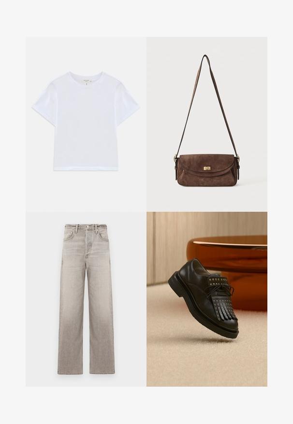 Witte cropped t-shirt van zacht katoen, met een ronde hals en korte mouwen in een iets ontspannen pasvorm. Geen patronen of accenten.; Wijdvallende spijkerbroek in een lichtgrijze denim, met een vervaagd textuur, vijf zakken, sluiting met een knoop aan de voorkant en lussen voor een riem.; Zwarte lederen veterlaars met decoratieve franjes en metalen studs geplaatst op een beige tapijt nabij bruin meubilair.; Bruine suède schoudertas met een lange verstelbare band en een gouden draaisluiting op de voorflap.