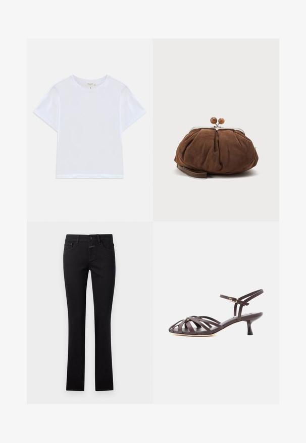 T-shirt blanc court en coton doux, avec un col rond et des manches courtes, d'ajustement légèrement décontracté. Pas de motifs ni d'accents.; Jeans noirs en denim, avec une coupe ajustée, fermeture à bouton et style traditionnel à cinq poches. Texture lisse avec une légère élasticité.; Sandale à talon kitten en cuir marron foncé avec lanières et bride de cheville réglable à boucle sur fond blanc.; Petit sac poignet en daim marron doux avec cadre en métal argenté et boules rondes marron de fermeture sur fond clair uni.