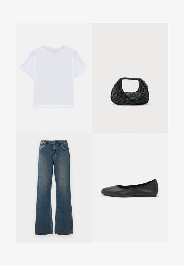 Camiseta blanca corta hecha de algodón suave, con un cuello redondo y mangas cortas, y un corte ligeramente holgado. Sin patrones ni acentos.; Jeans de denim de pierna ancha en azul medio con un acabado desgastado. Presenta cinco bolsillos, trabillas para el cinturón y un cierre de botón metálico. Tejido de algodón.; Bailarina de piel negra con punta redondeada, textura suave, detalle de costura minimalista y diseño de suela flexible.; Bolso hobo tejido negro con estructura suave y asa integrada, exhibido sobre un fondo liso y claro.