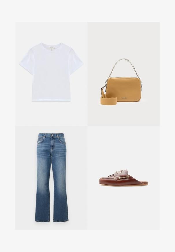 Witte cropped t-shirt van zacht katoen, met een ronde hals en korte mouwen in een iets ontspannen pasvorm. Geen patronen of accenten.; Blauwe spijkerbroek met rechte pijpen, middelhoge taille, vijf zakken en subtiele vervaging langs de benen.; Bruine leren instap loafer met moc-toenaad, gouden oogjes en decoratieve veterdetail aan de zijkant, platte zool, zijaanzicht.; Rechthoekige crossbodytas van bruin leer met zilveren kettinghendel en verstelbare stoffen schouderband, klein Michael Kors-logo aan de voorkant.