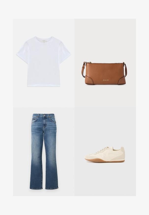 Witte cropped t-shirt van zacht katoen, met een ronde hals en korte mouwen in een iets ontspannen pasvorm. Geen patronen of accenten.; Blauwe spijkerbroek met rechte pijpen, middelhoge taille, vijf zakken en subtiele vervaging langs de benen.; Lichtbeige sneakers met een textuur van leer op het bovenwerk, getextureerde zijpanelen en een rubberen zool. Voorzien van een slank, gestroomlijnd ontwerp en platte veters.; Bruine leren clutchtas met een korrelige textuur, een gouden ritssluiting en een afneembare riem. Voorzien van een subtiel logo-opdruk aan de voorkant.