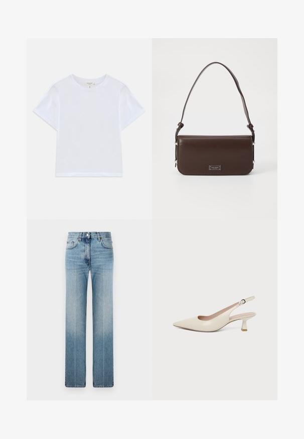 Witte cropped t-shirt van zacht katoen, met een ronde hals en korte mouwen in een iets ontspannen pasvorm. Geen patronen of accenten.; Lichtblauwe rechte spijkerbroek van denim, met subtiele vervaging, klassiek vijf-pocket ontwerp en een metalen knoopsluiting in de taille.; Crèmekleurige slingback met puntige neus, kleine gebogen kittenhak en verstelbare gespband.; Bruine leren handtas met een platte vormgeving, verstelbare schouderband en hardware in zilverkleur. Voorzien van een logo plaat aan de voorkant.