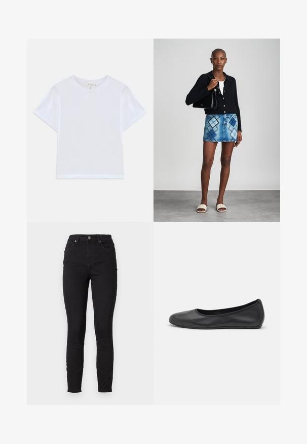 Witte cropped t-shirt van zacht katoen, met een ronde hals en korte mouwen in een iets ontspannen pasvorm. Geen patronen of accenten.; Zwarte skinny jeans van denim met een hoge taille, voorzien van voorzakken, een knoopsluiting en subtiele stikdetails op de naden.; Zwarte leren ballerina met een ronde neus, gladde textuur, minimale stikdetails en een flexibele zoolontwerp.; Zwarte gebreide cardigan, witte top, denimrok met blauw en zwart ruitpatroon, zwarte handtas en beige instapsandalen.
