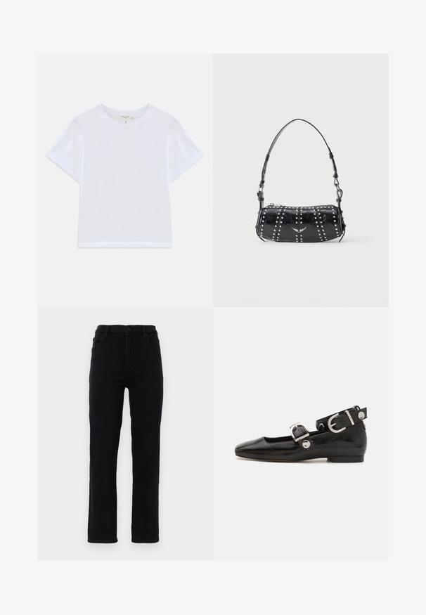 Witte cropped t-shirt van zacht katoen, met een ronde hals en korte mouwen in een iets ontspannen pasvorm. Geen patronen of accenten.; Zwarte denim jeans met rechte benen, een middelhoge taille en vijf zakken. Voorzien van een knoopsluiting aan de voorkant en riemlussen.; Zwarte gepatineerde leren platte schoen met een vierkante neus, enkelband met zilverkleurige hardware en platte zool. Gladde textuur met minimalistisch ontwerp.; Zwarte lakleren schoudertas met zilveren studs in verticale rijen en een klein zilveren vogel-embleem in het midden aan de voorkant.