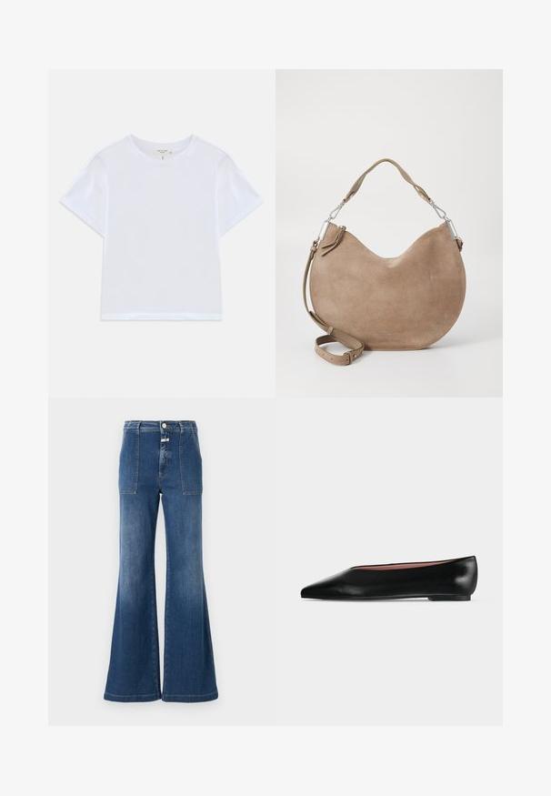 Witte cropped t-shirt van zacht katoen, met een ronde hals en korte mouwen in een iets ontspannen pasvorm. Geen patronen of accenten.; Hoge taille flared jeans in middelblauw denim met een vervaagde afwerking. Heeft patchzakken en een knoopsluiting. Schoon zoom.; Zwarte leren damesschoen met platte zool, puntige neus en lage hak, zijwaarts afgebeeld tegen een effen lichtgrijze achtergrond.; Beige suède handtas met een ronde silhouet, verstelbare schouderband en zilverkleurige accenten. Heeft een gladde textuur en een minimalistisch ontwerp.