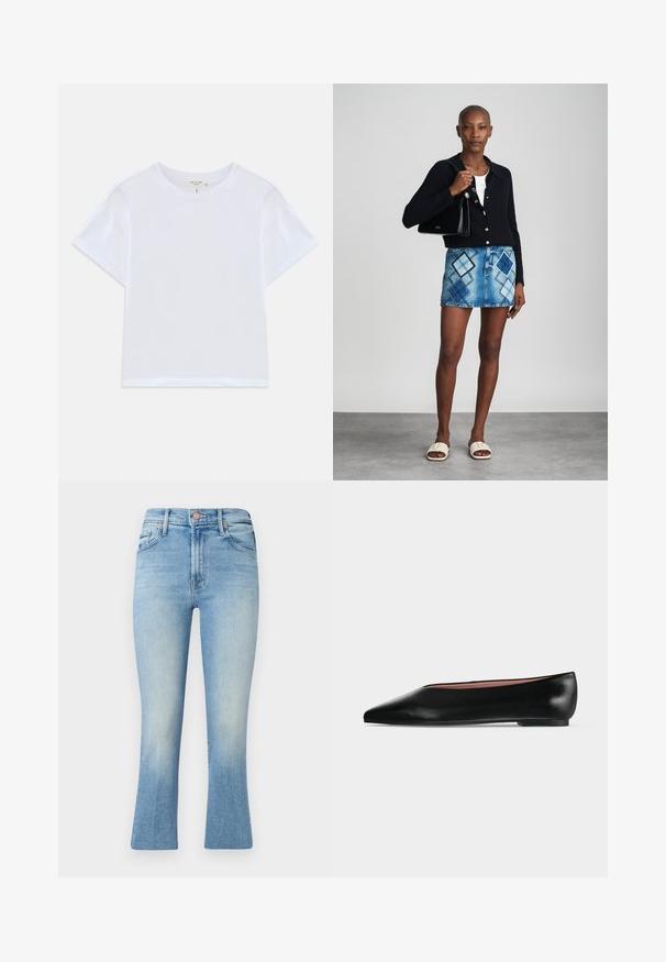 Weißes, kürzer geschnittenes T-Shirt aus weicher Baumwolle mit Rundhalsausschnitt und kurzen Ärmeln in einem leicht lässigen Schnitt. Keine Muster oder Akzente.; Hellblaue Jeans mit hoher Taille, ausgestelltem Bein und subtilen Verwaschungen. Mit klassischen Taschen und einem Metallknopfverschluss.; Schwarzer flacher Damenleder-Schuh mit spitzer Kappe und niedrigem Absatz, von der Seite auf einfarbigem hellgrauem Hintergrund gezeigt.; Schwarze Strickjacke, weißes Oberteil, Jeansrock mit blauem und schwarzem Diamantenmuster, schwarze Handtasche und beige Rutschsandalen.