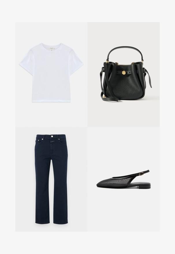 Witte cropped t-shirt van zacht katoen, met een ronde hals en korte mouwen in een iets ontspannen pasvorm. Geen patronen of accenten.; Marinblauwe katoenen jeans met een rechte pasvorm, voorzien van vijf zakken, een ritssluiting en een metalen knoopsluiting. Gladde textuur met stikseldetails.; Zwarte slingback platte schoen met puntige neus, mesh bovenwerk, verstelbare gespsluiting en lage gestapelde hak op witte achtergrond.; Zwarte gestructureerde leren handtas met een kort handvat, een lange schouderband en een ronde sluiting met gouden toonlogo aan de voorkant.