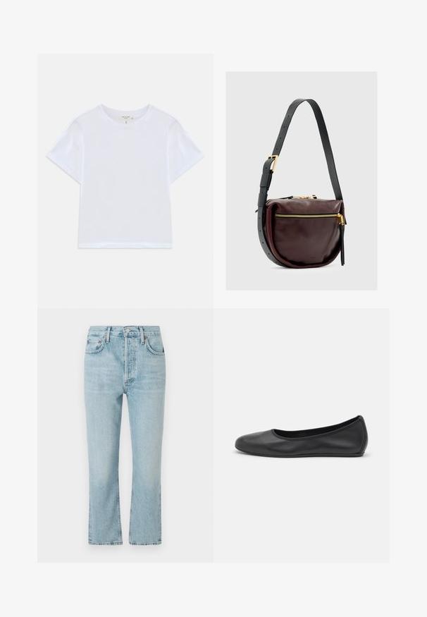 Weißes, kürzer geschnittenes T-Shirt aus weicher Baumwolle mit Rundhalsausschnitt und kurzen Ärmeln in einem leicht lässigen Schnitt. Keine Muster oder Akzente.; Helles blaues Denim-Jeans mit geradem Bein, ausgestattet mit fünf Taschen, Knopfverschluss und ausgewaschenem Design. Die Ränder sind sauber gesäumt.; Schwarze Leder-Ballettschuhe mit abgerundeter Spitze, glatter Textur, minimalen Nähdetails und einem flexiblen Sohlen-Design.; Leder Crossbody-Tasche in dunklem Burgunderrot mit runder Form. Verfügt über einen goldenen Reißverschluss und einen abnehmbaren schwarzen Tragegurt mit goldenen Hardware-Akzenten.
