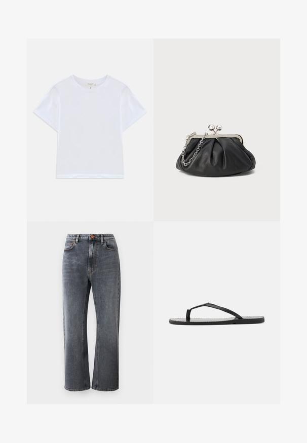 T-shirt blanc court en coton doux, avec un col rond et des manches courtes, d'ajustement légèrement décontracté. Pas de motifs ni d'accents.; Jean en denim gris foncé avec une taille haute, une coupe droite, cinq poches et des coutures orange contrastantes.; Tongs noires au design minimaliste, avec des sangles fines et une semelle plate. Le matériau semble être du plastique avec une texture lisse.; Porte-monnaie en cuir noir avec texture froncée, cadre en métal argenté, fermeture à verrouillage kiss-lock et bandoulière en chaîne. Surface lisse et douce.
