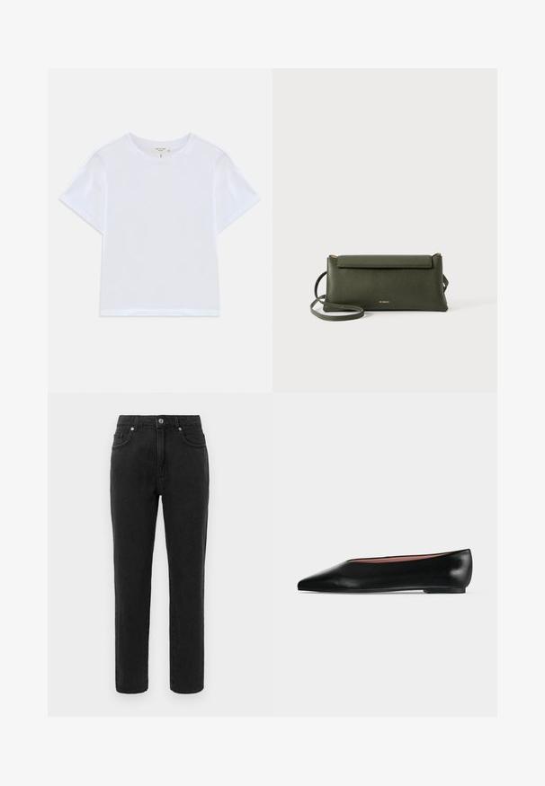 Weißes, kürzer geschnittenes T-Shirt aus weicher Baumwolle mit Rundhalsausschnitt und kurzen Ärmeln in einem leicht lässigen Schnitt. Keine Muster oder Akzente.; Schwarze Jeans aus Denim mit geradem Bein, klassischer fünf-Taschen-Design und Knopfverschluss. Enthält dezente Nähte.; Schwarzer flacher Damenleder-Schuh mit spitzer Kappe und niedrigem Absatz, von der Seite auf einfarbigem hellgrauem Hintergrund gezeigt.; Dunkelgrüne, strukturierte Leder-Crossbody-Tasche mit Klappenverschluss und dünnem verstellbarem Tragegurt, geprägt mit kleinem goldenen "Bee Projects"-Logo.