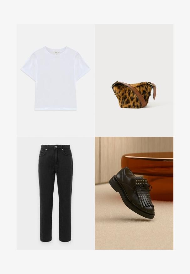 Witte cropped t-shirt van zacht katoen, met een ronde hals en korte mouwen in een iets ontspannen pasvorm. Geen patronen of accenten.; Zwarte denim jeans met een recht beenontwerp, standaard vijf-pocket styling en een knoopsluiting. Heeft subtiele stikdetails.; Zwarte lederen veterlaars met decoratieve franjes en metalen studs geplaatst op een beige tapijt nabij bruin meubilair.; Zebra-print nep-bont tas met een bruine leren schouderriem, met een ronde vorm en gouden hardware accenten.