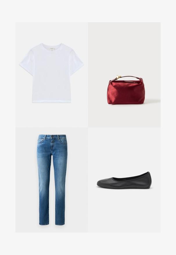 Witte cropped t-shirt van zacht katoen, met een ronde hals en korte mouwen in een iets ontspannen pasvorm. Geen patronen of accenten.; Blauwe denim jeans met een recht silhouet, voorzien van een knoopsluiting, vijf zakken en subtiele vervagingen. Soepele textuur met oranje stiksels.; Zwarte leren ballerina met een ronde neus, gladde textuur, minimale stikdetails en een flexibele zoolontwerp.; Bordeaux satijnen cosmetica tas met een rechthoekige vorm, ritssluiting en een kort handvat. Beschikt over een minimalistisch ontwerp en een gladde textuur.