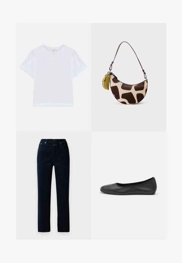 Camiseta blanca corta hecha de algodón suave, con un cuello redondo y mangas cortas, y un corte ligeramente holgado. Sin patrones ni acentos.; Pantalones de pana en color navy con un diseño de pierna recta, que cuentan con bolsillos frontales, cremallera y detalles de botón metálico en la cinturilla.; Bailarina de piel negra con punta redondeada, textura suave, detalle de costura minimalista y diseño de suela flexible.; Pequeño bolso en forma de media luna con diseño de jirafa marrón y beige, con una correa delgada y oscura y un pequeño monedero amarillo adjunto.