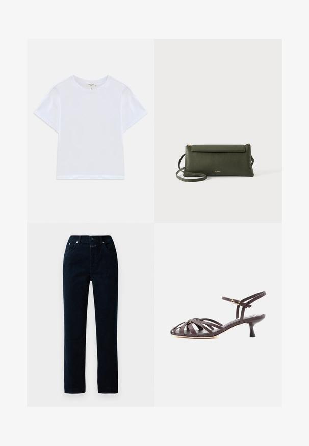 Camiseta blanca corta hecha de algodón suave, con un cuello redondo y mangas cortas, y un corte ligeramente holgado. Sin patrones ni acentos.; Pantalones de pana en color navy con un diseño de pierna recta, que cuentan con bolsillos frontales, cremallera y detalles de botón metálico en la cinturilla.; Sandalia de tacón bajo tipo gatito de cuero marrón oscuro con tiras y hebilla ajustable en el tobillo, sobre fondo blanco.; Bolso cruzado de cuero texturizado en verde oscuro con cierre de solapa y correa delgada ajustable, grabado con el pequeño logo dorado "Bee Projects".