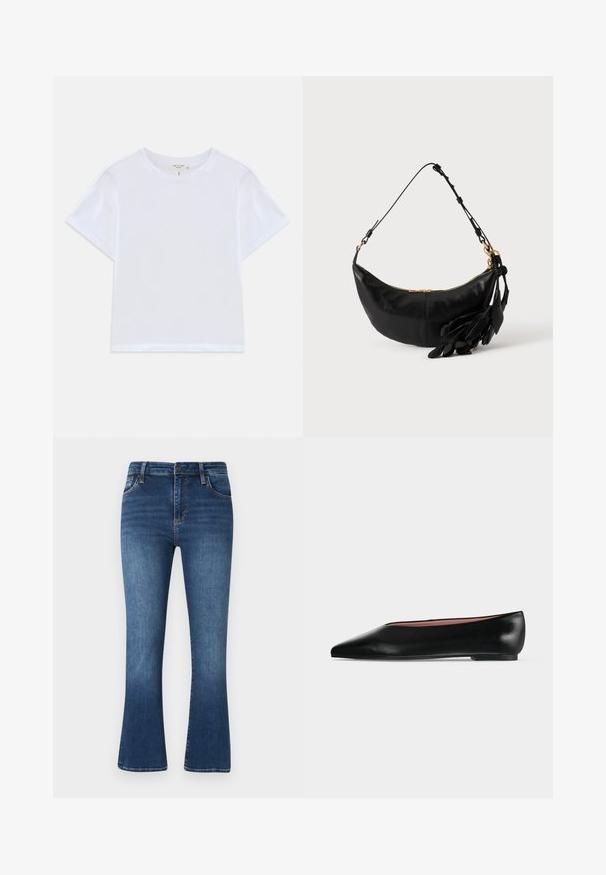 Camiseta blanca corta hecha de algodón suave, con un cuello redondo y mangas cortas, y un corte ligeramente holgado. Sin patrones ni acentos.; Jeans acampanados de color azul oscuro hechos de denim, con un diseño clásico de cinco bolsillos, presillas para cinturón y sutiles detalles de desgaste en la tela.; Zapato plano negro de cuero para mujer con punta puntiaguda y tacón bajo, mostrado de lado sobre un fondo liso gris claro.; Bolso de hombro de cuero negro en forma de media luna con correa ajustable, cremallera dorada y borlas decorativas de cuero en forma de hoja en un lado.