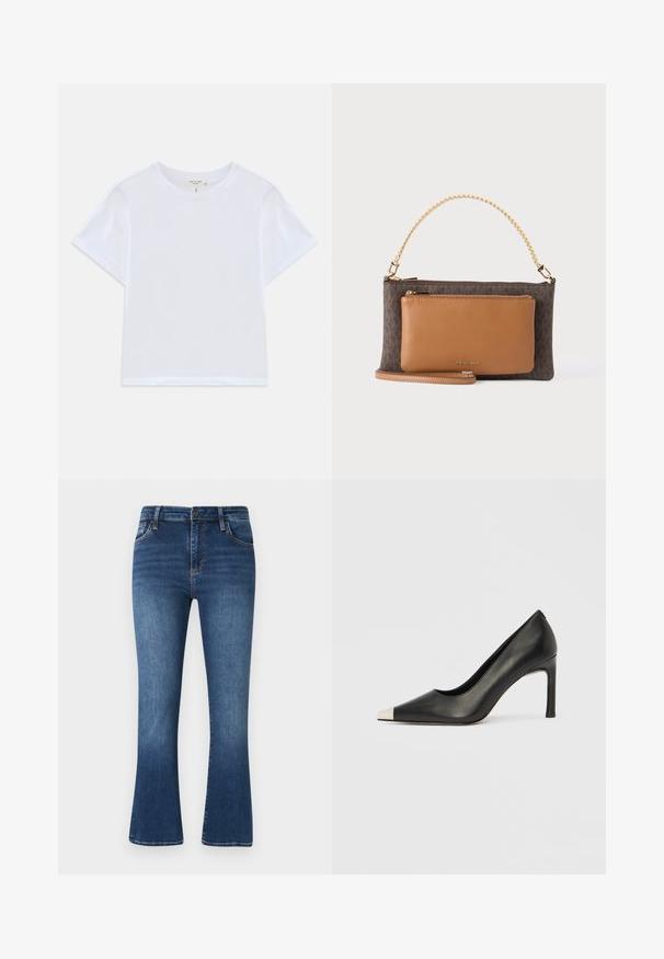 T-shirt blanc court en coton doux, avec un col rond et des manches courtes, d'ajustement légèrement décontracté. Pas de motifs ni d'accents.; Jean flare bleu foncé en denim, présentant un design classique à cinq poches, des passants de ceinture et des détails de décoloration subtils sur le tissu.; Chaussure à talon haut en cuir noir avec bout pointu et capuchon argenté métallique. Présente une finition lisse et un talon fin de 10 cm.; MICHAEL Michael Kors JET SET MD PCKT CONV XBODY - Sac à main - brown