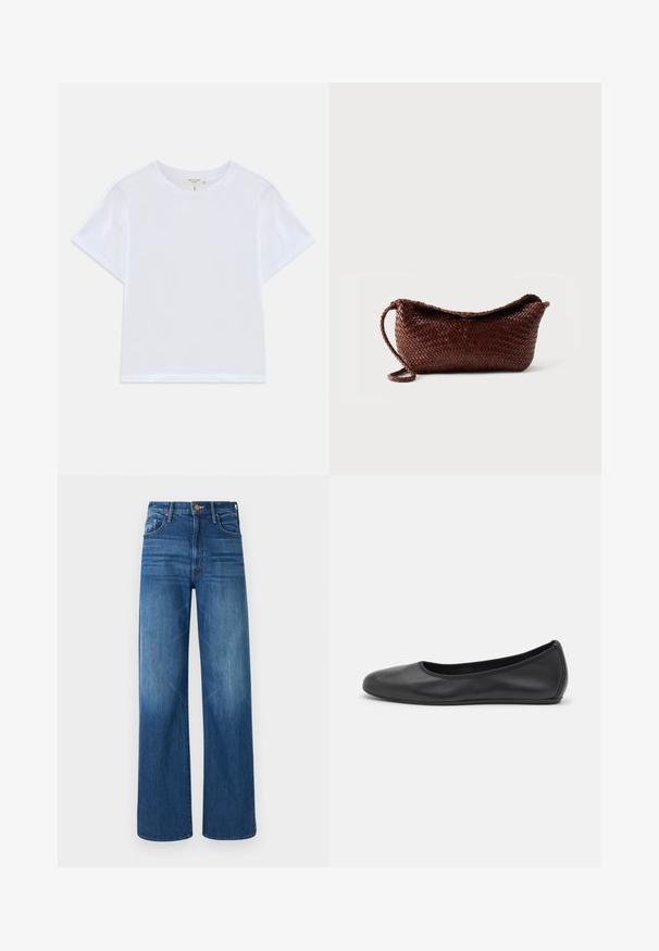 Hvid cropped t-shirt lavet af blødt bomuld, med rund hals og korte ærmer og en let løs pasform. Ingen mønstre eller accenter.; Mother THE LASSO SNEAK - Jeans Relaxed Fit - dark blue denim; Sort læderballetsko med rund tå, glat tekstur, minimal syning og et fleksibelt såldesign.; Brun flettet lædertaske med en enkelt rem og buet top mod en ensfarvet hvid baggrund.