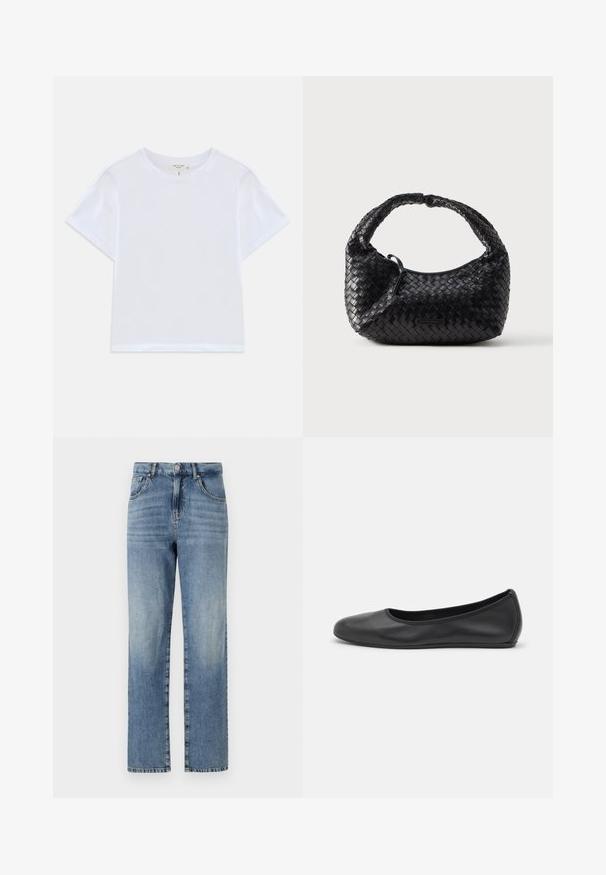 Weißes, kürzer geschnittenes T-Shirt aus weicher Baumwolle mit Rundhalsausschnitt und kurzen Ärmeln in einem leicht lässigen Schnitt. Keine Muster oder Akzente.; Hellblaue Jeans aus Denim mit geradem Bein, fünf Taschen, Knopf- und Reißverschluss und minimaler Ausbleichung des Stoffes.; Schwarze Leder-Ballettschuhe mit abgerundeter Spitze, glatter Textur, minimalen Nähdetails und einem flexiblen Sohlen-Design.; Schwarze gewebte Handtasche mit abgerundeter Form, strukturierter Oberfläche und einem gebogenen Henkel. Verfügt über ein dezentes Logo-Detail auf der Vorderseite.